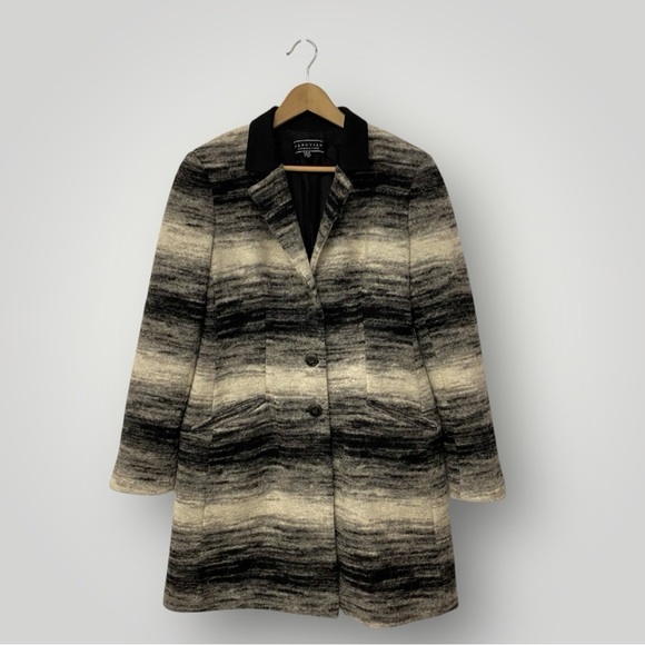 Peruvian Connection Virgin Wool Blend Black,Gray White Ombré Striped Coat Sz 10 - Picture 2 of 13